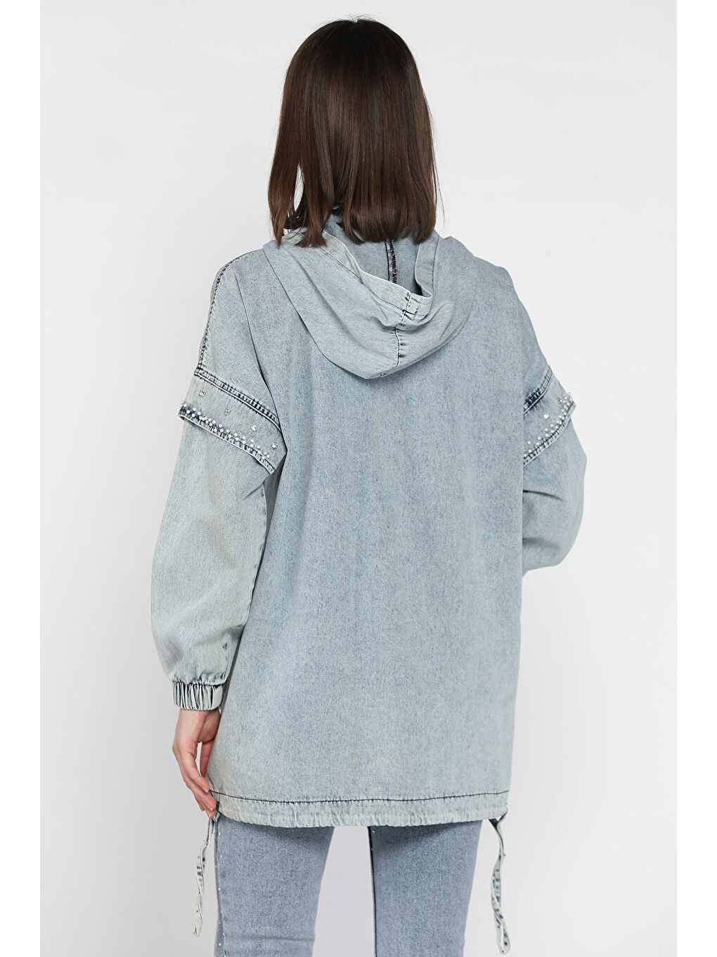 Mavi Kadın Kapüşonlu Fermuarlı Taş Detaylı Jean Jean Ceket-2