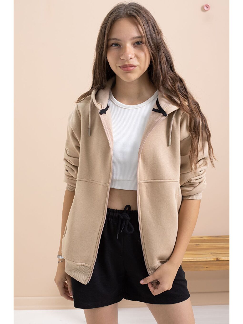 Bej Kız Çocuk Şardonlu Kapüşonlu Hırka 21522-4
