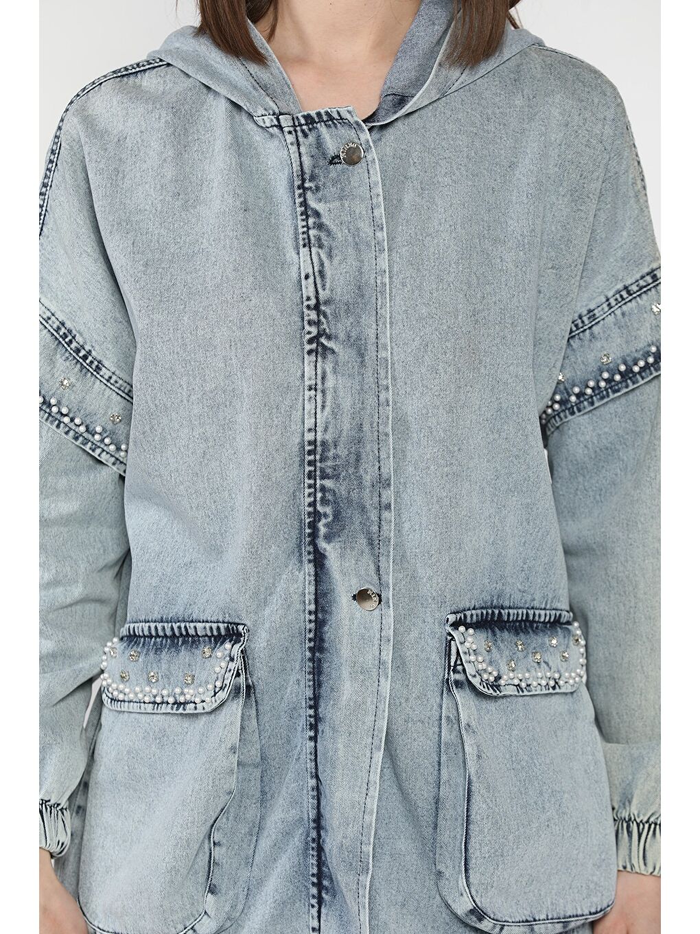 Mavi Kadın Kapüşonlu Fermuarlı Taş Detaylı Jean Jean Ceket-3