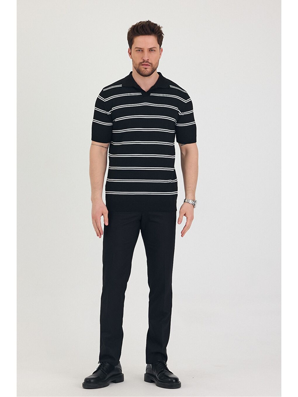 Siyah Erkek Polo Yaka Çift Çizgi Detaylı Triko T-shirt-3