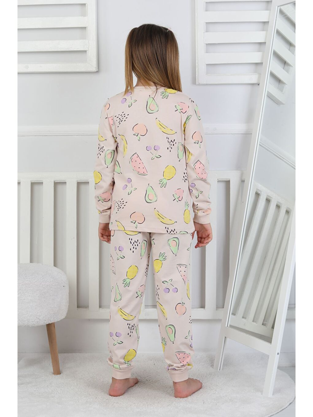 Bej Fruit Patterned Kız Çocuk Pijama Takımı-8