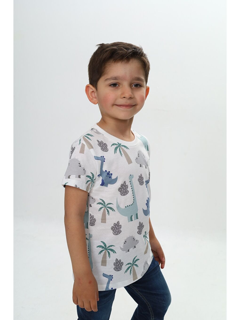 Beyaz Erkek Çocuk Komple Palmiya Ağaç Baskılı Tişört-1
