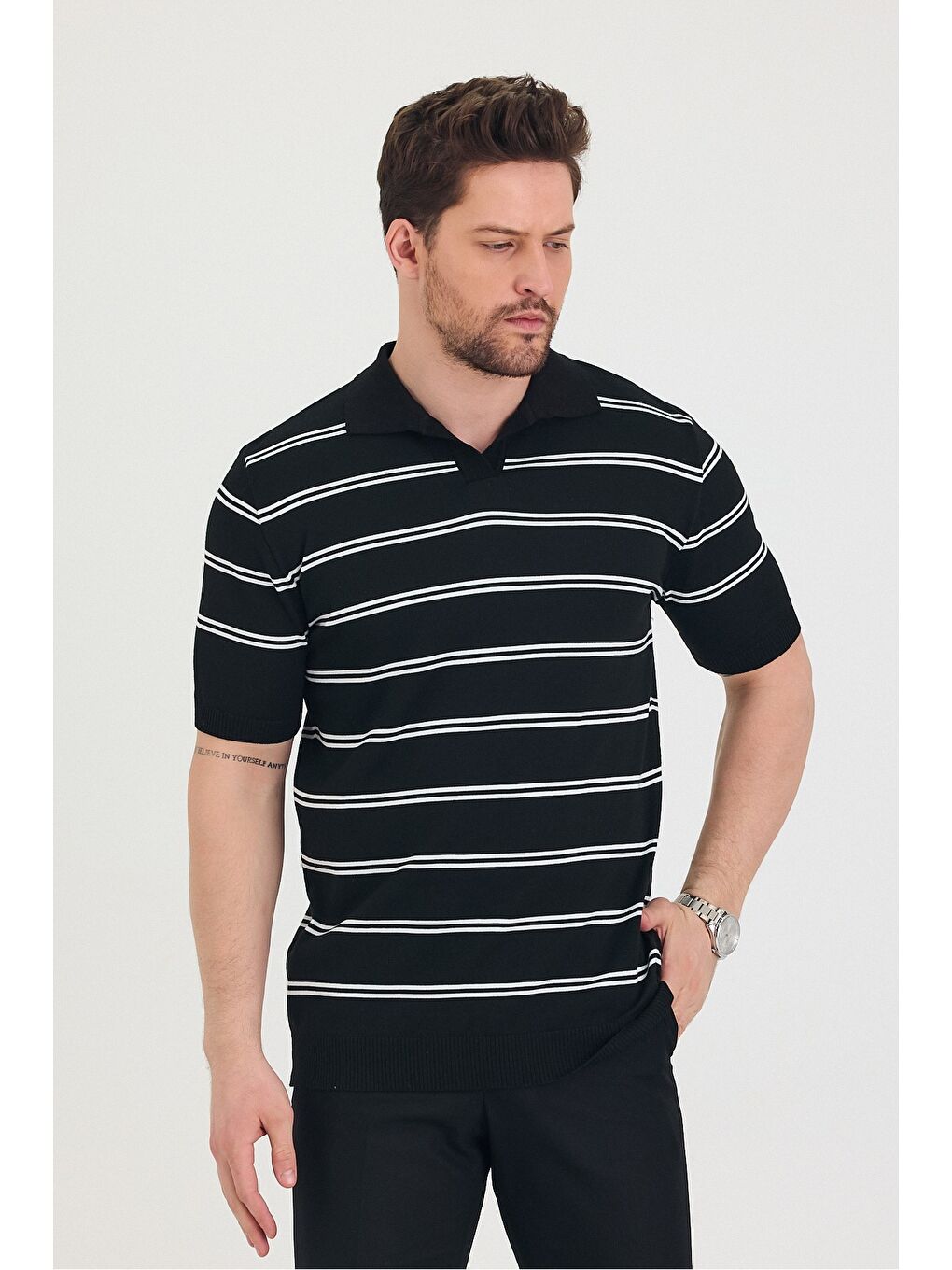 Siyah Erkek Polo Yaka Çift Çizgi Detaylı Triko T-shirt-4