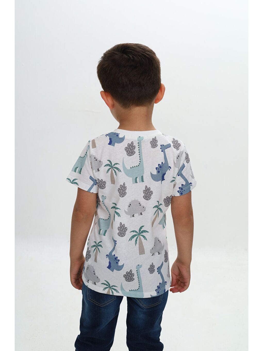 Beyaz Erkek Çocuk Komple Palmiya Ağaç Baskılı Tişört-2