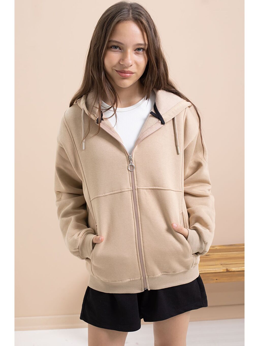 Bej Kız Çocuk Şardonlu Kapüşonlu Hırka 21522