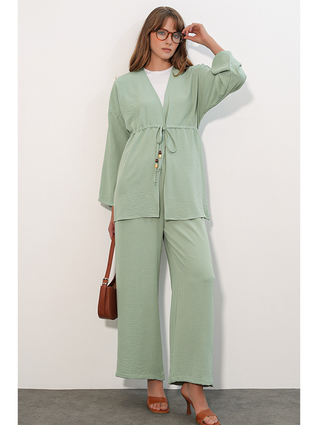 Kadın Ayrobin Kimono Pantolon İkili Takım 30101 - E.Yeşil