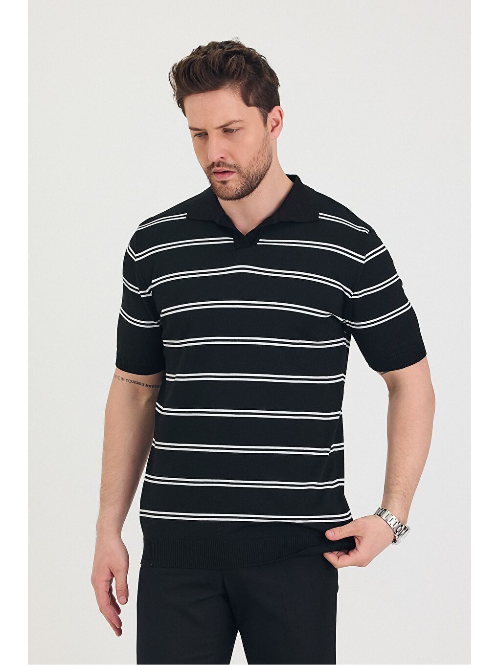 Siyah Erkek Polo Yaka Çift Çizgi Detaylı Triko T-shirt-5