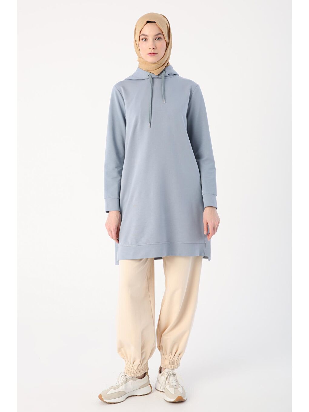 Açık Gri Yırtmaçlı Kapüşonlu Basic Sweat Tunik-1