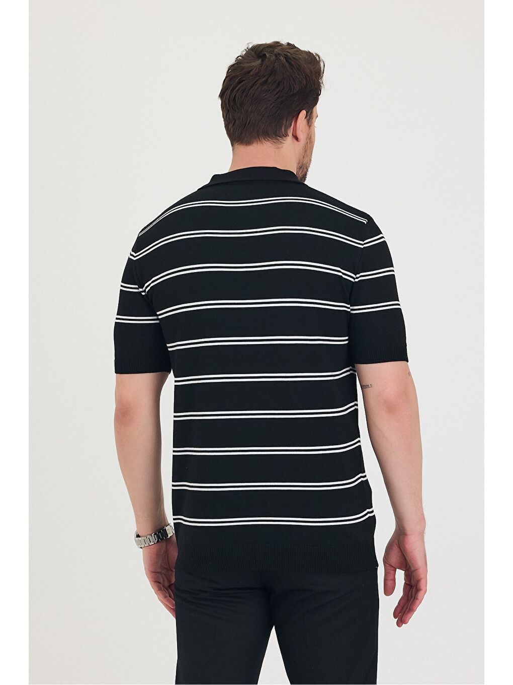 Siyah Erkek Polo Yaka Çift Çizgi Detaylı Triko T-shirt-7