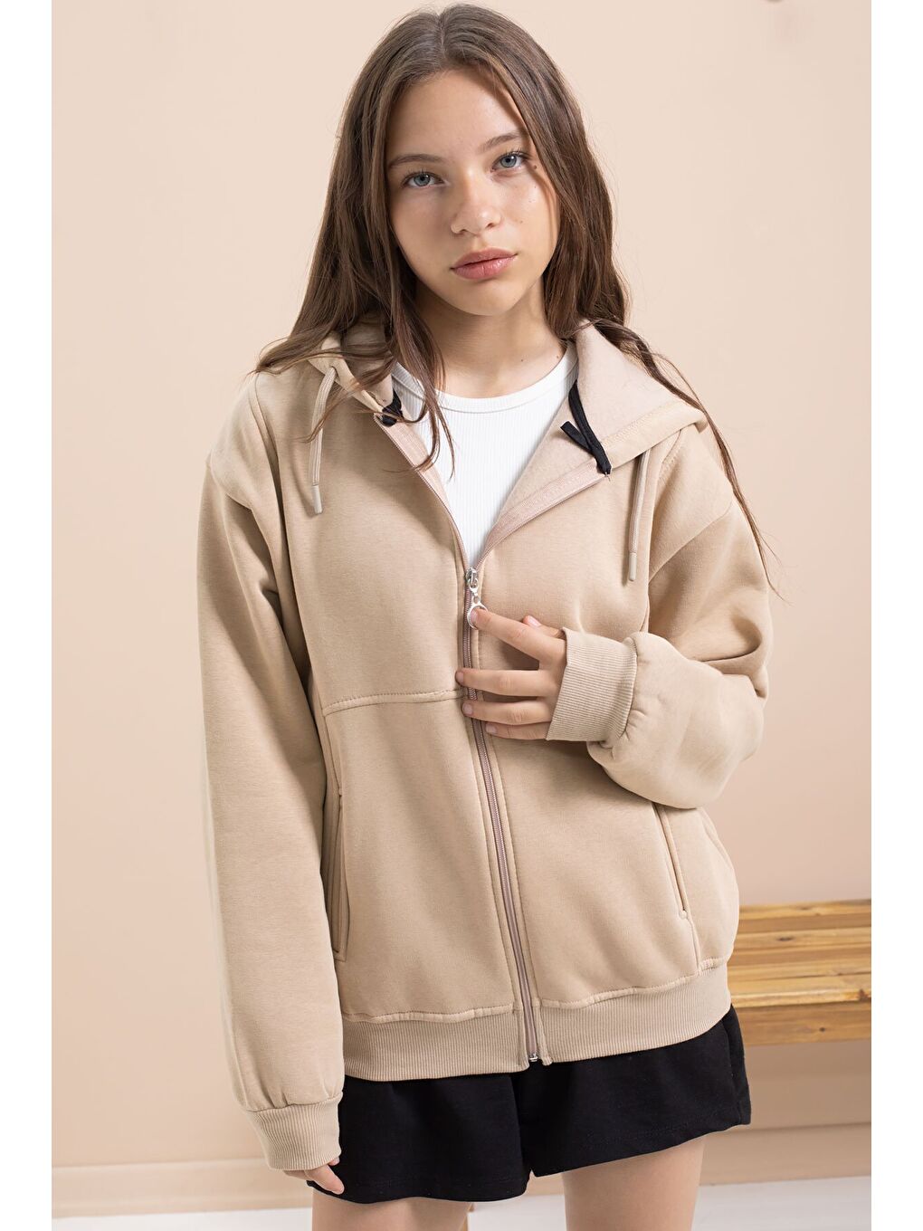 Bej Kız Çocuk Şardonlu Kapüşonlu Hırka 21522-1