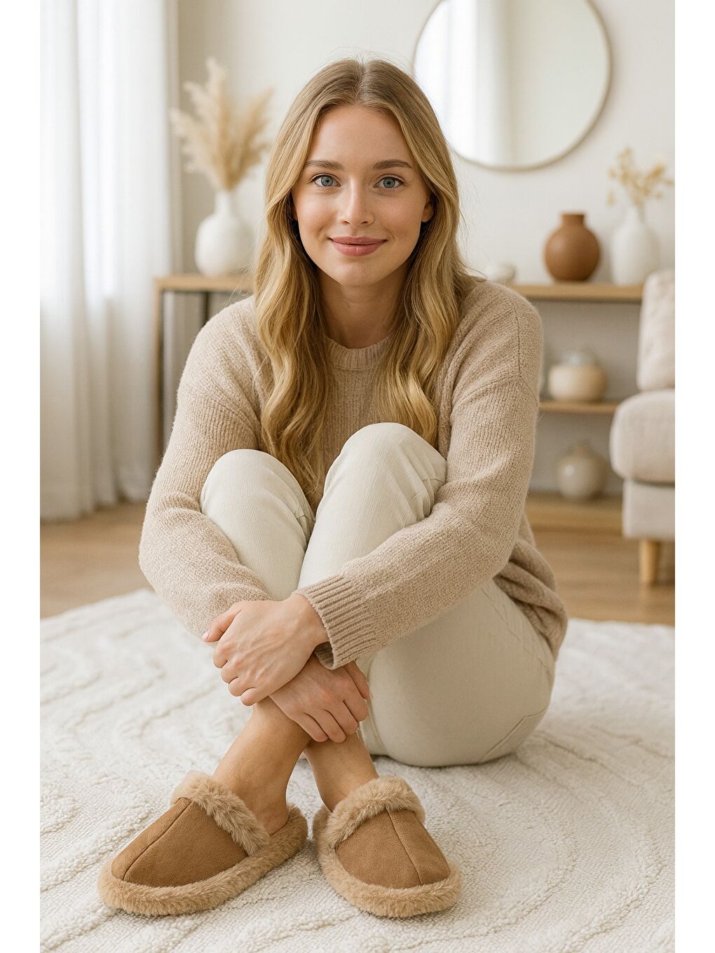 Kahverengi SIENA Kapalı Kadın Ev Terliği Tüylü Kışlık Terlik
