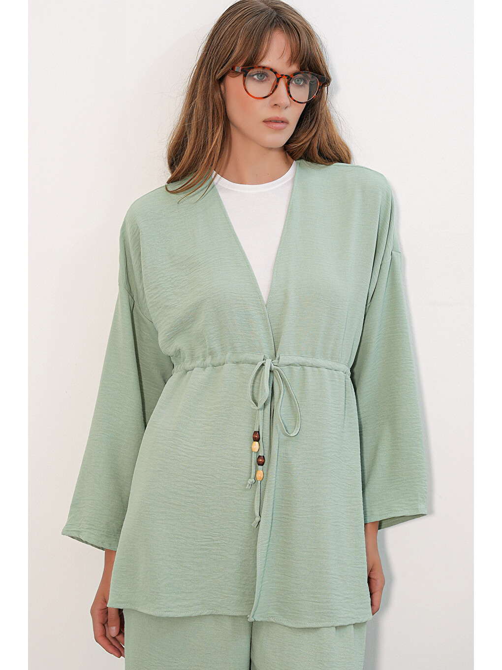 Kadın Ayrobin Kimono Pantolon İkili Takım 30101 - E.Yeşil-1