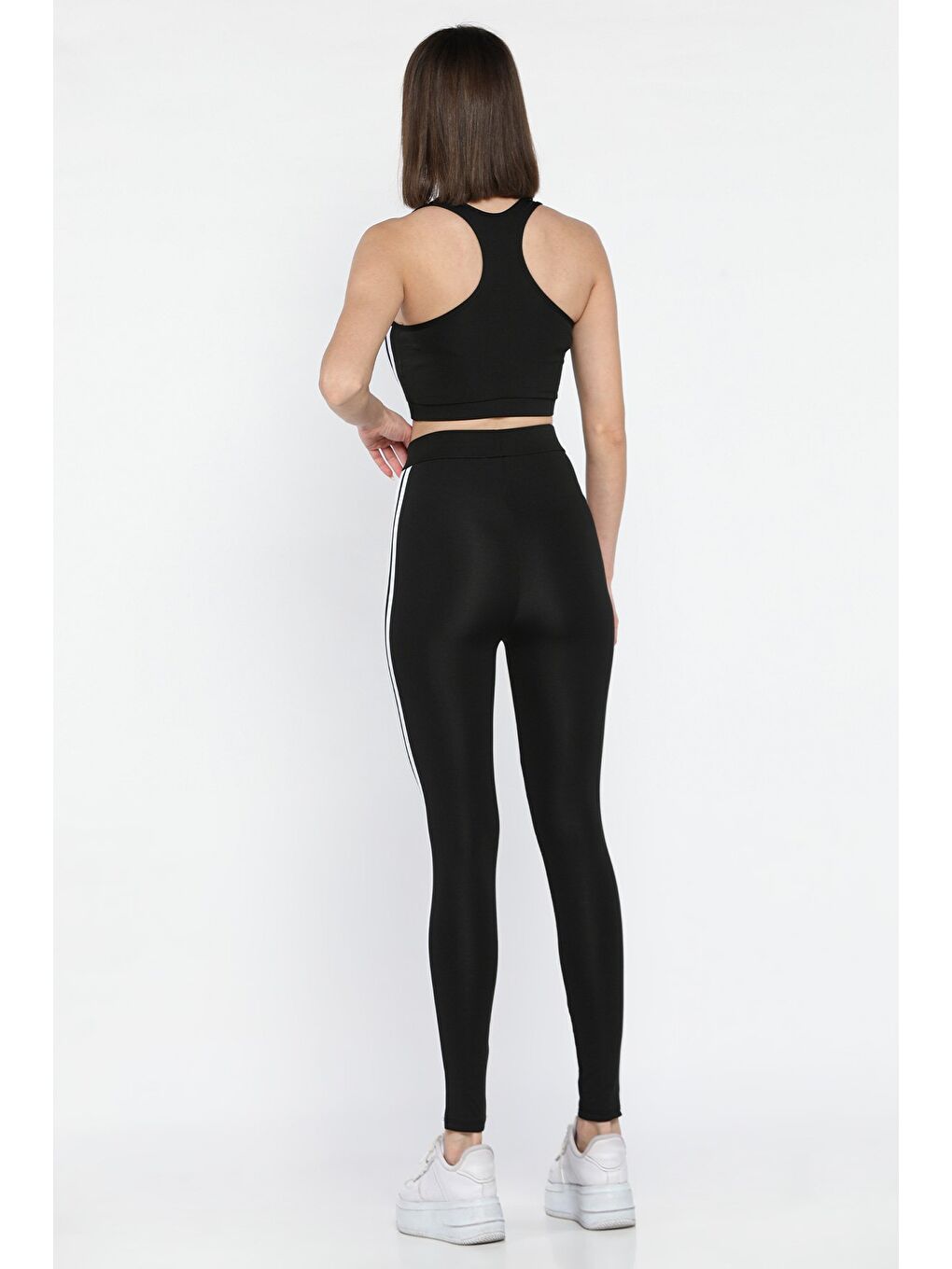 Siyah Kadın Şerit Detaylı Yüksek Bel Sporcu Tayt Crop Büstiyer İkili Takım-2