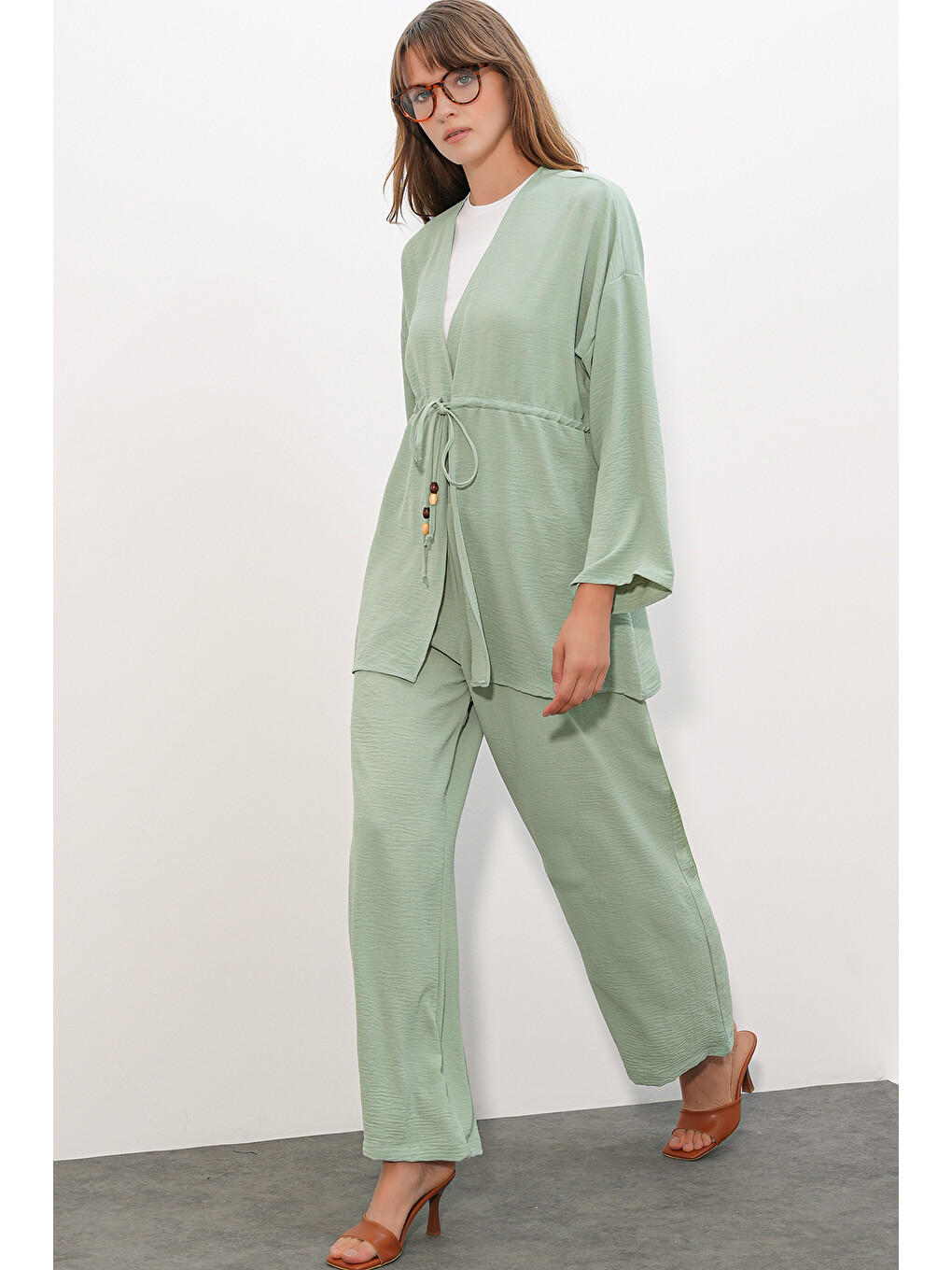 Kadın Ayrobin Kimono Pantolon İkili Takım 30101 - E.Yeşil-2