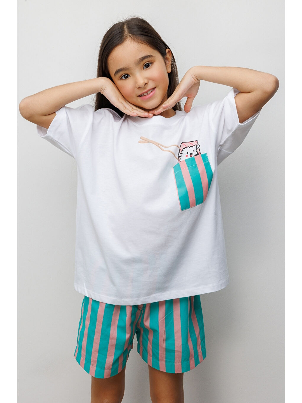 Yeşil Mint Sushi Figürlü Çizgi Desenli Çocuk Tişört Şort İkili Takım - Ellie-2