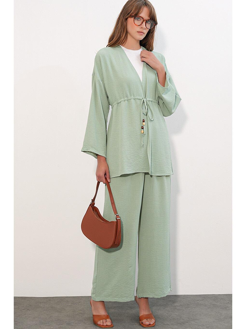 Kadın Ayrobin Kimono Pantolon İkili Takım 30101 - E.Yeşil-3