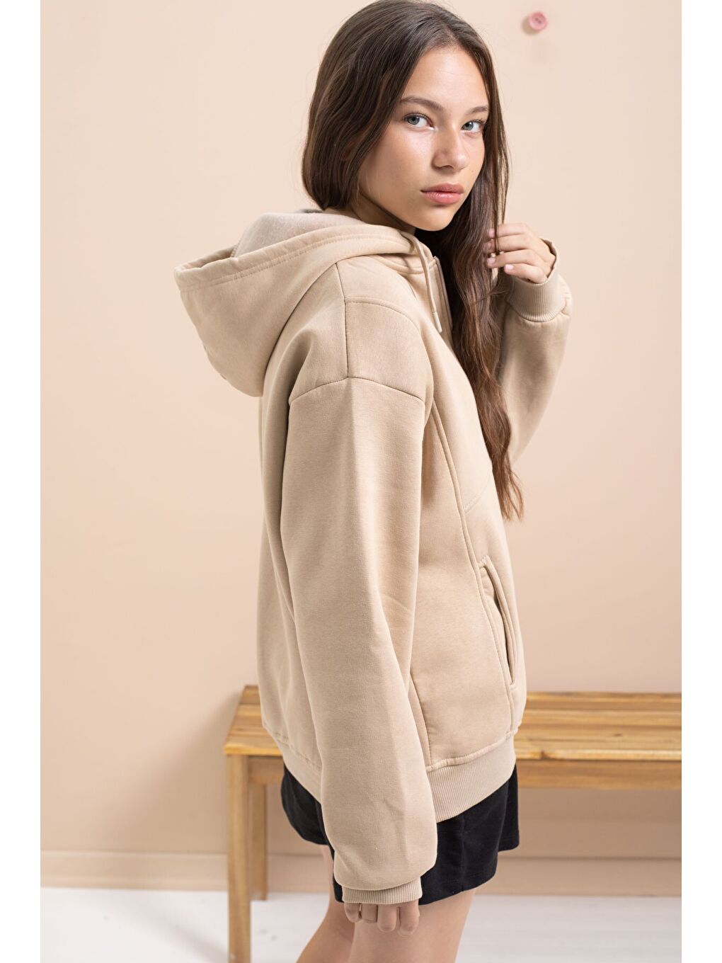 Bej Kız Çocuk Şardonlu Kapüşonlu Hırka 21522-2