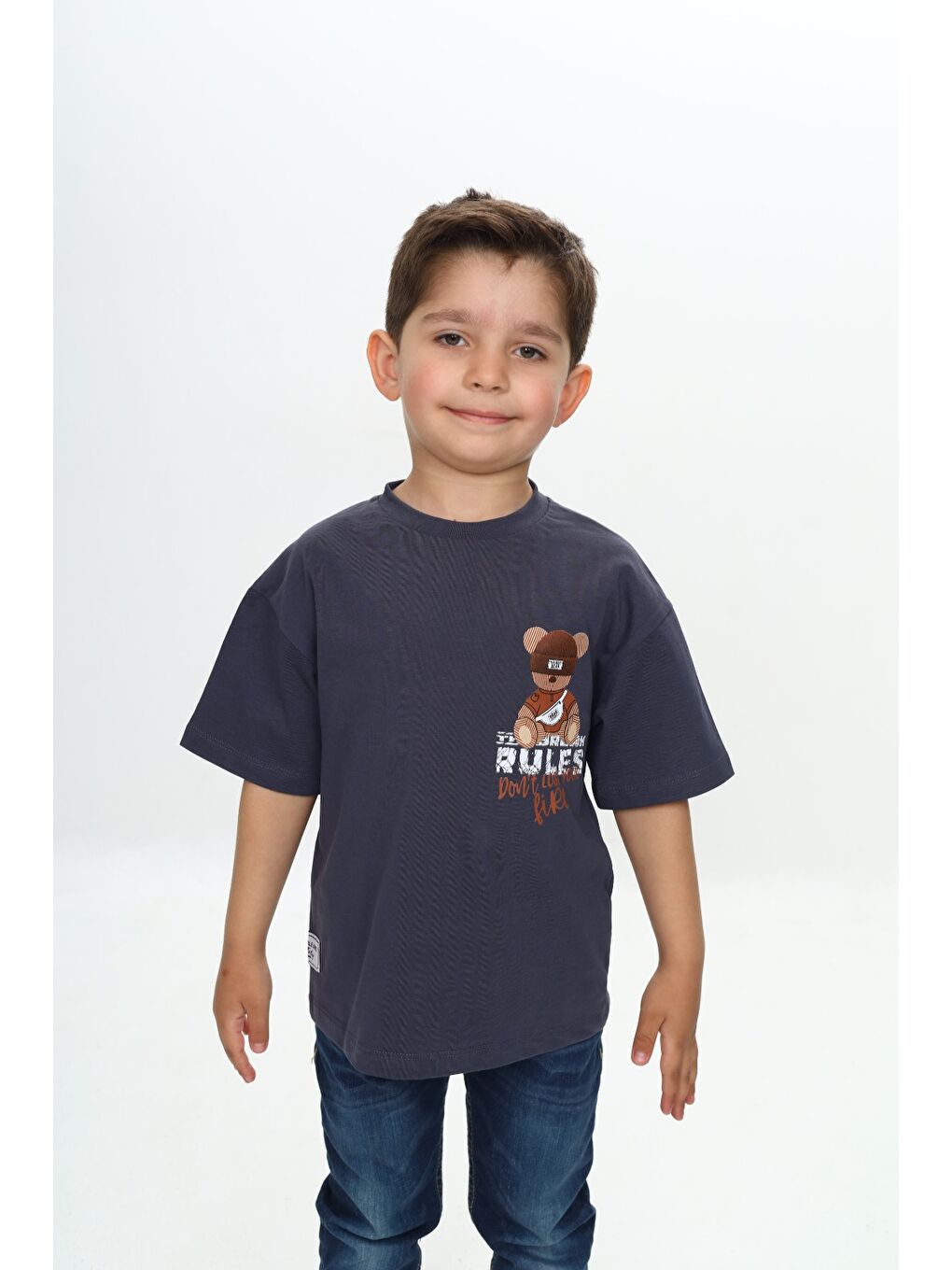 Antrasit Erkek Çocuk Rules Şapkalı Ayı Baskılı Tişört