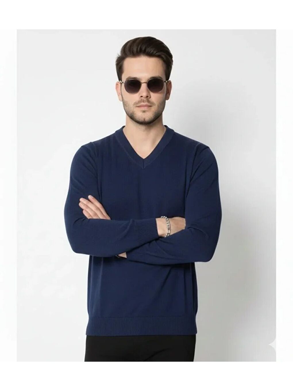 Lacivert Erkek V Yaka Triko Kazak Yumuşak Dokulu Pamuklu Ince Dokuma, Uzun Kollu Rahat Regular Kalıp - Lacive-1