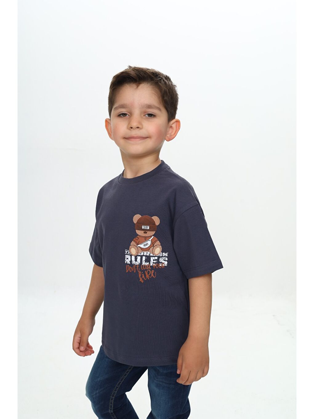 Antrasit Erkek Çocuk Rules Şapkalı Ayı Baskılı Tişört-3