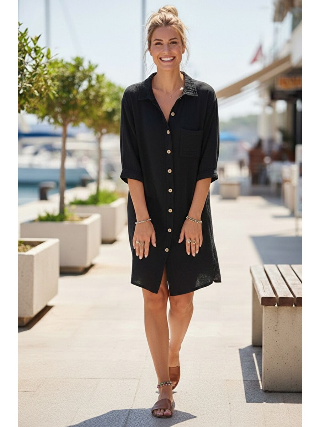Siyah Gömlek Yaka Kısa Kol Düğmeli Çift Cepli Casual Müslin Salaş Dokuma Elbise 95 65