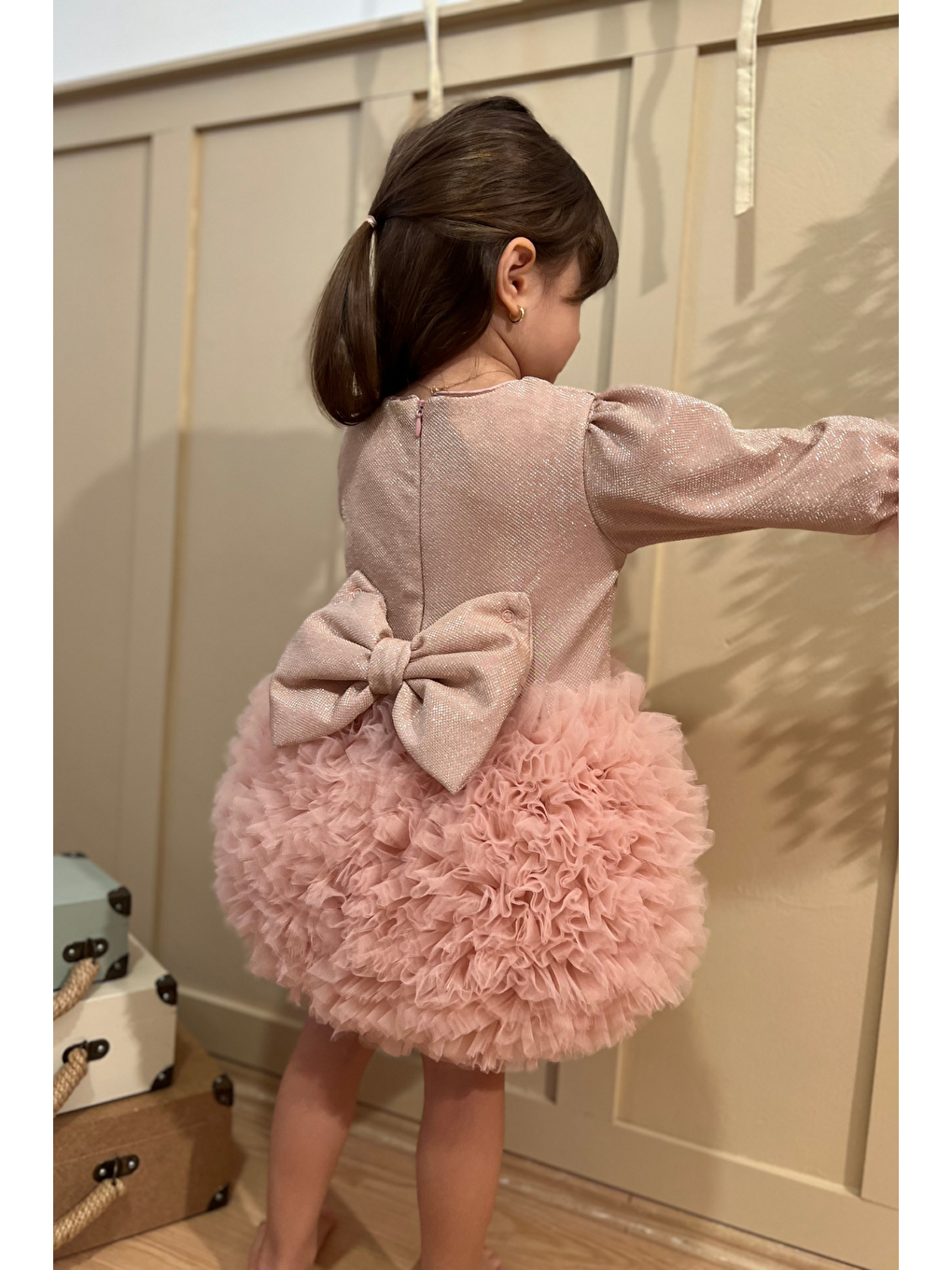 Pembe Tütülü Kabarık Uzun Kollu Kız Çocuk Kız Bebek Elbise-3