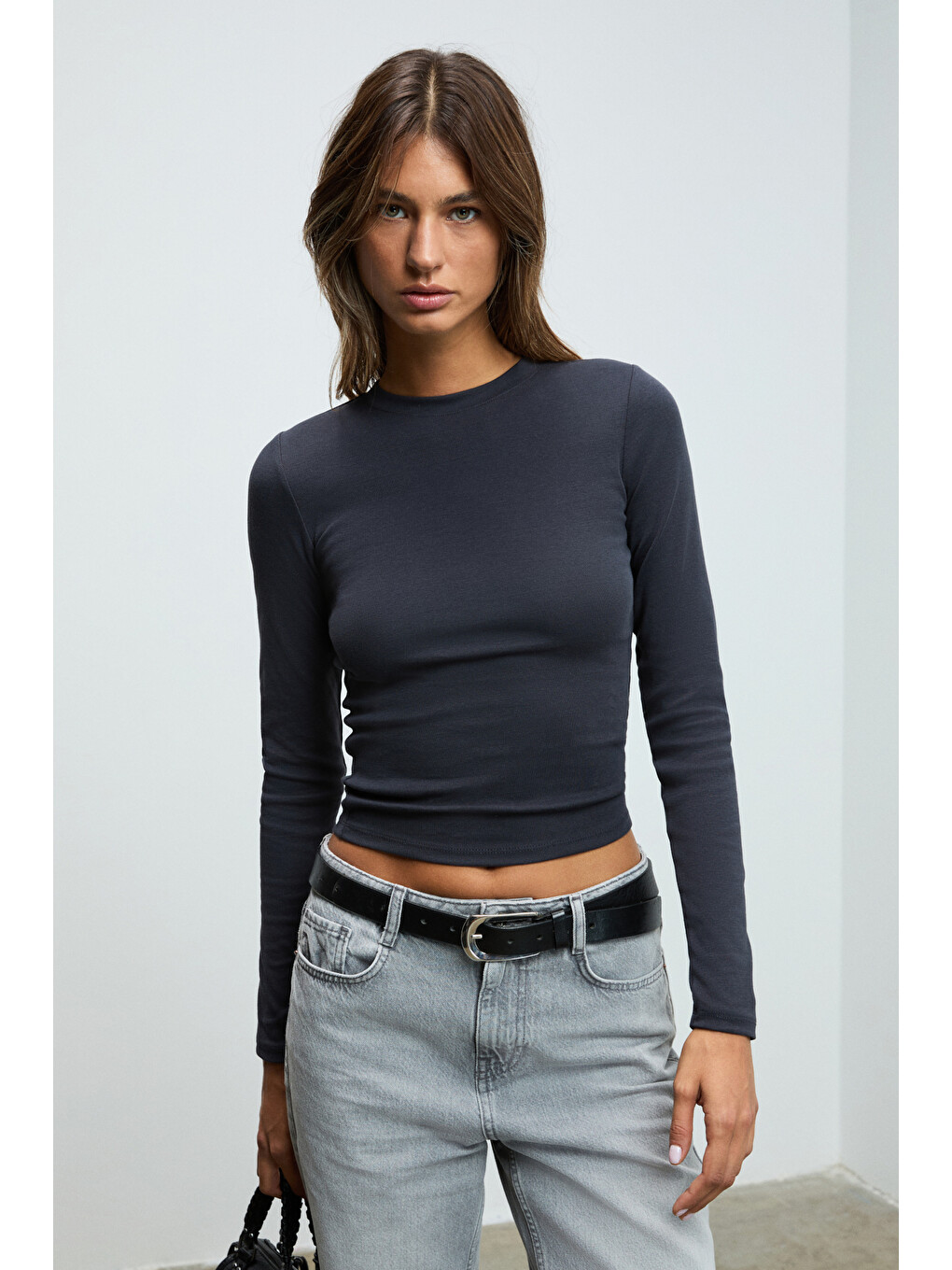 Antrasit GRIGROS Kadın Esnek Kumaşlı Vücuda Oturan Slim Fit Uzun Kollu ANTRASİT T-Shirt-2
