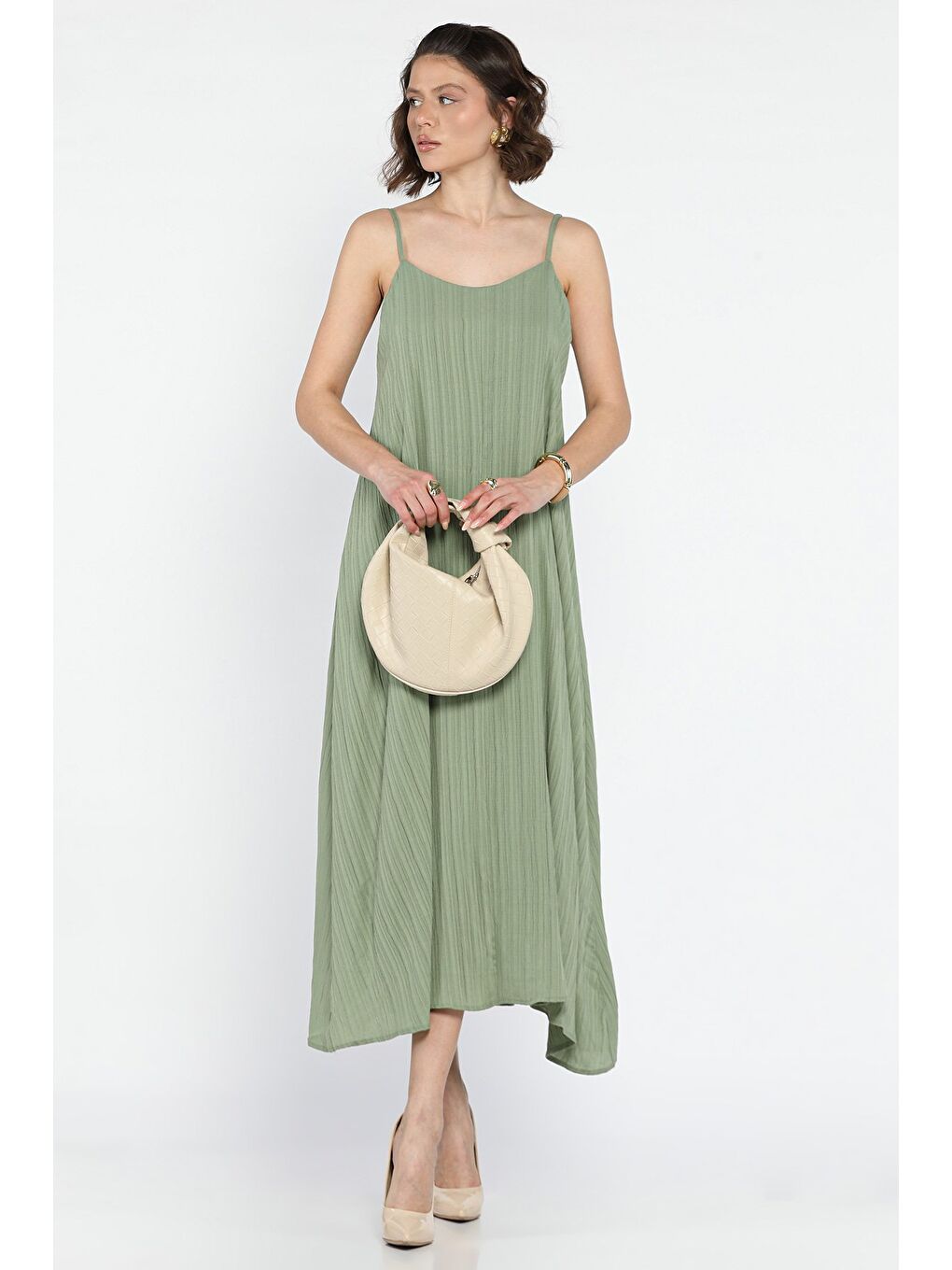 Haki Kadın Ayarlanabilir Askılı Bol Kesim Elbise-1