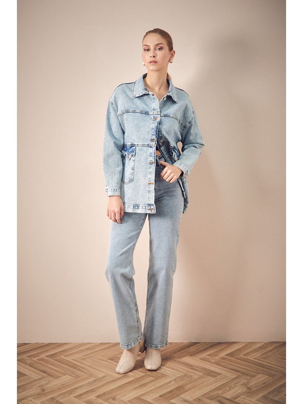 Fullamoda Mavi Basic Düğmeli Çift Cepli Oversize Jean Ceket - 1