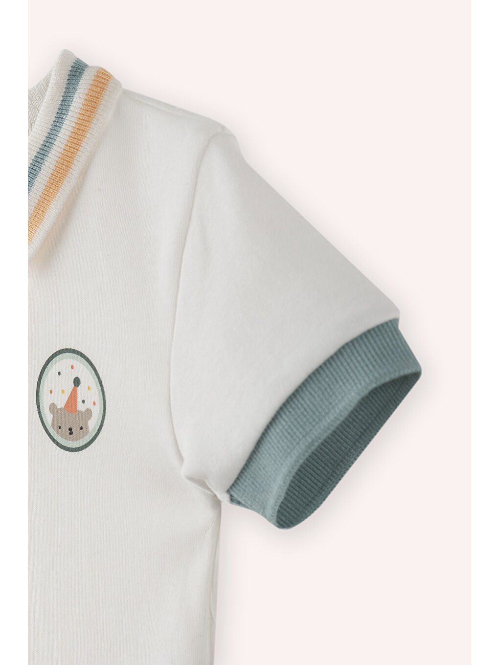 Yenidoğan Çizgili Baskı Detaylı Yakalı Kısa Kollu Ekru Body-1