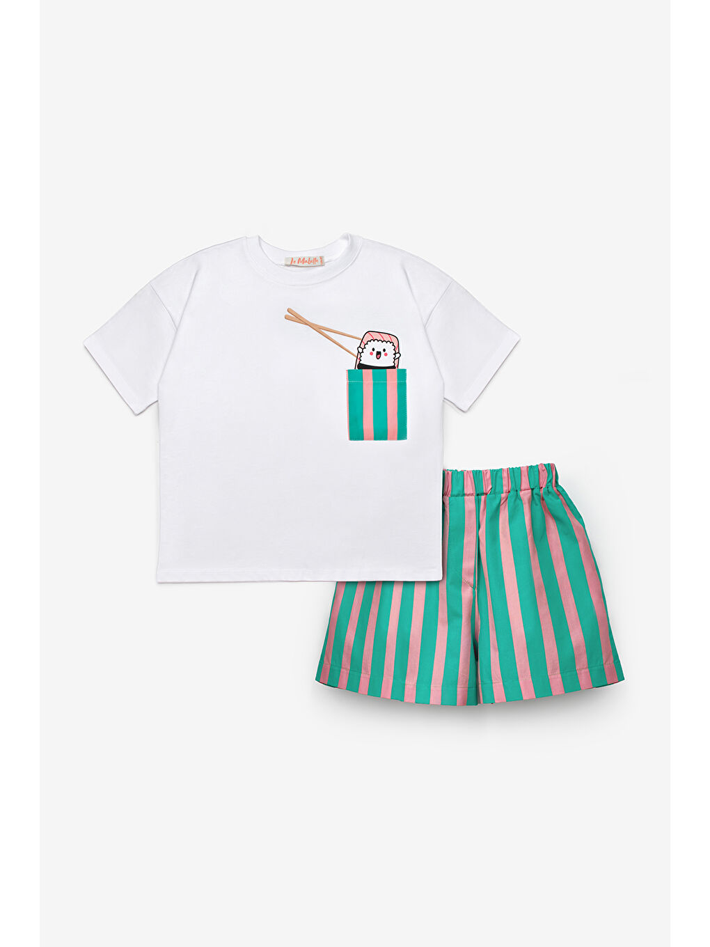 Yeşil Mint Sushi Figürlü Çizgi Desenli Çocuk Tişört Şort İkili Takım - Ellie-3