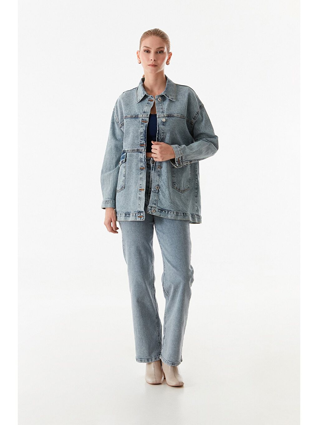 Fullamoda Mavi Basic Düğmeli Çift Cepli Oversize Jean Ceket - 2