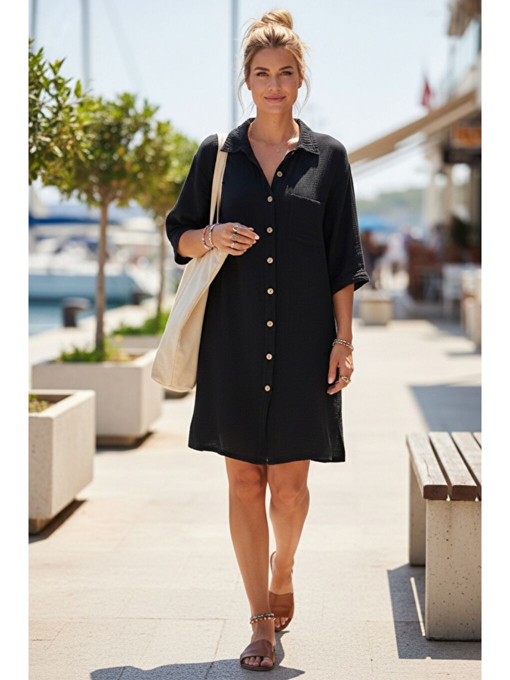 Siyah Gömlek Yaka Kısa Kol Düğmeli Çift Cepli Casual Müslin Salaş Dokuma Elbise 95 65-1