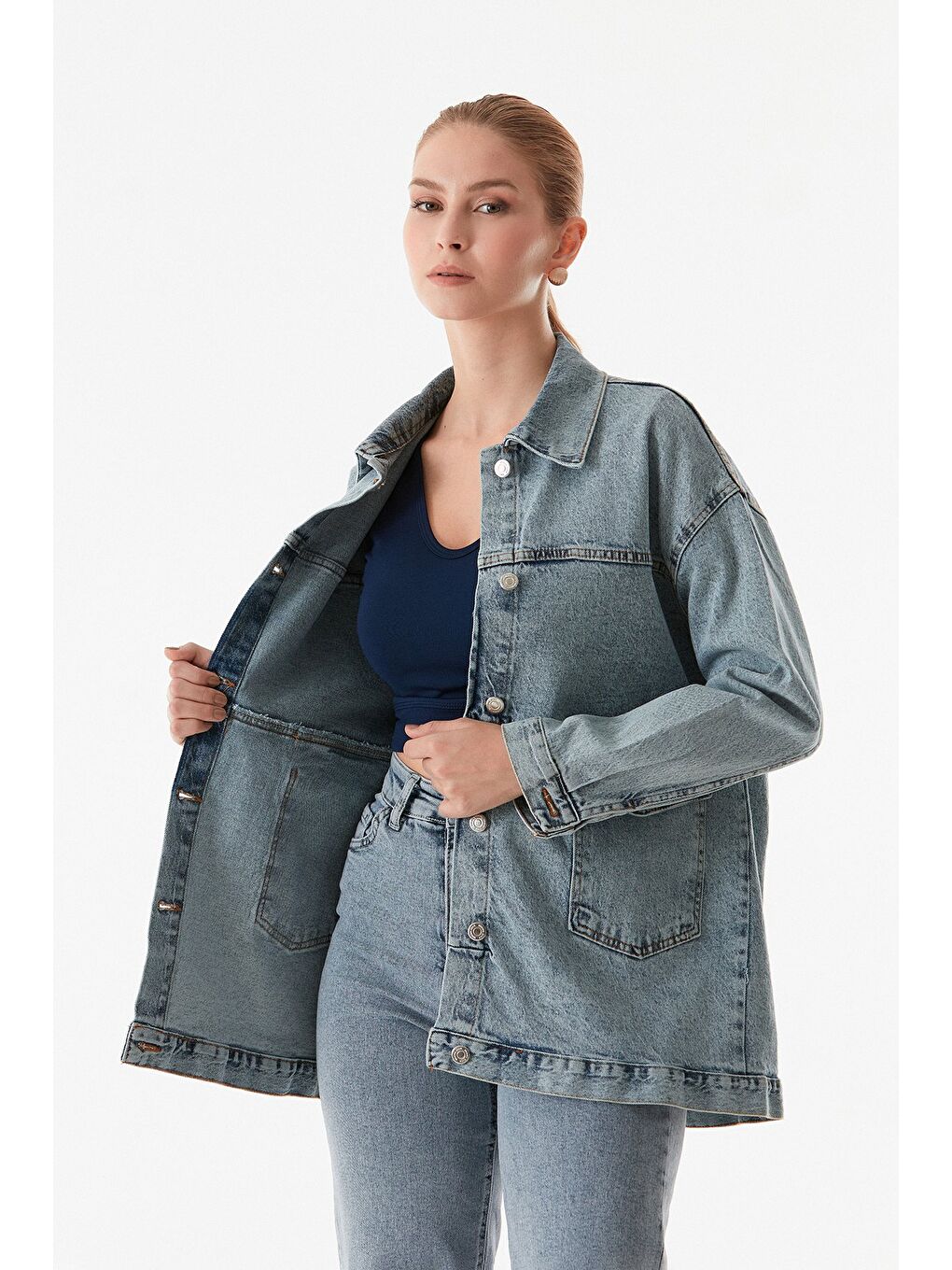 Fullamoda Mavi Basic Düğmeli Çift Cepli Oversize Jean Ceket - 3