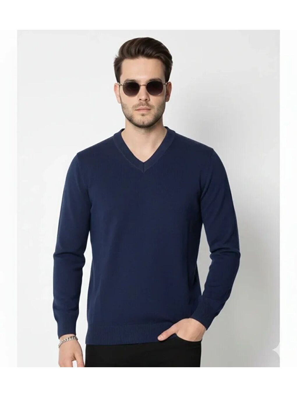 Lacivert Erkek V Yaka Triko Kazak Yumuşak Dokulu Pamuklu Ince Dokuma, Uzun Kollu Rahat Regular Kalıp - Lacive-2