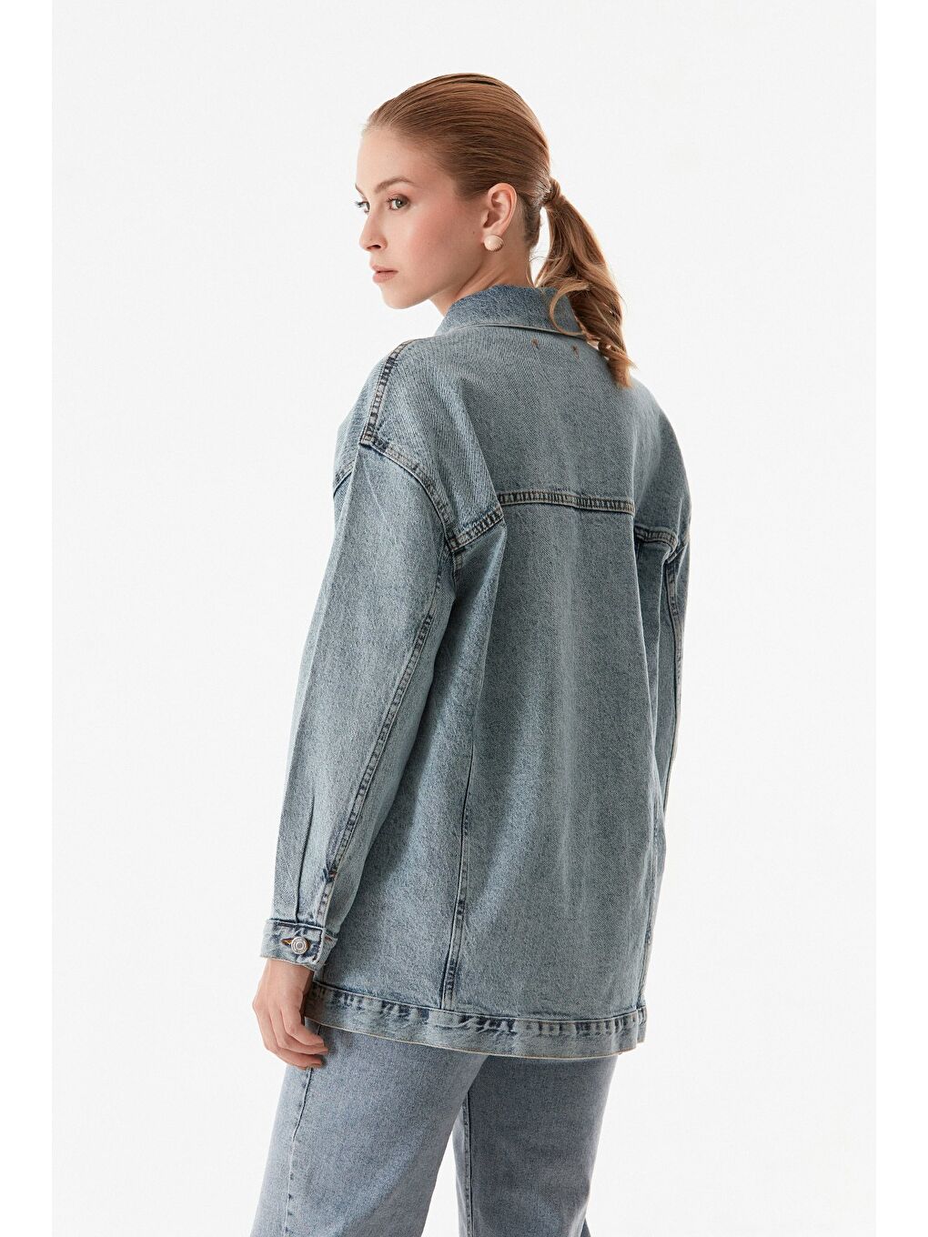 Fullamoda Mavi Basic Düğmeli Çift Cepli Oversize Jean Ceket - 4