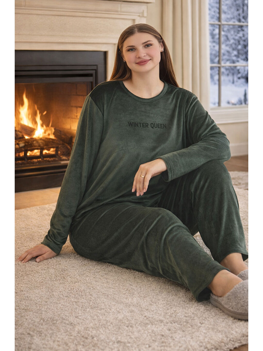 Büyük Beden Kadın Kadife Kumaş Pijama Takımı 13213-2897 Haki-1