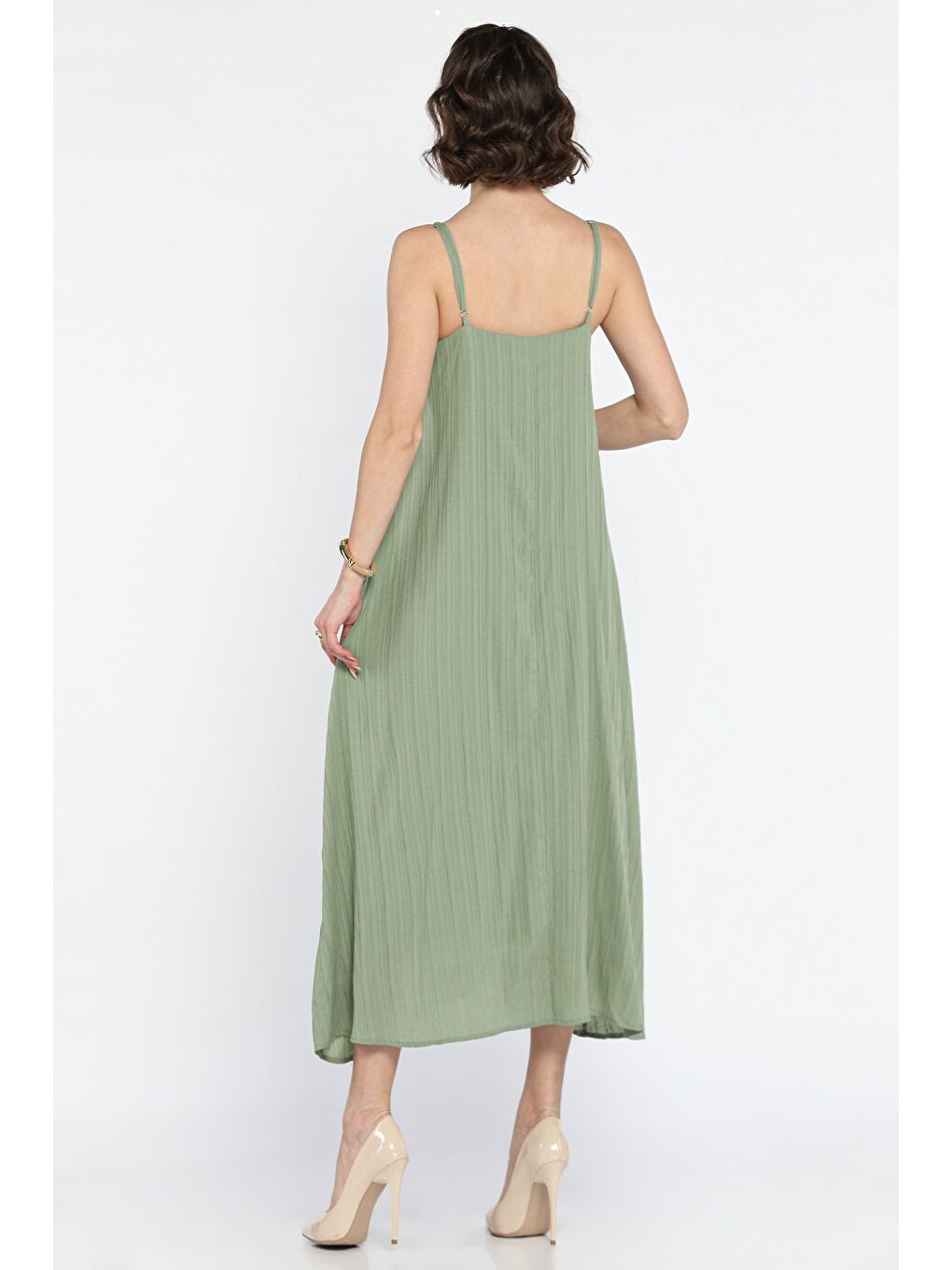 Haki Kadın Ayarlanabilir Askılı Bol Kesim Elbise-2