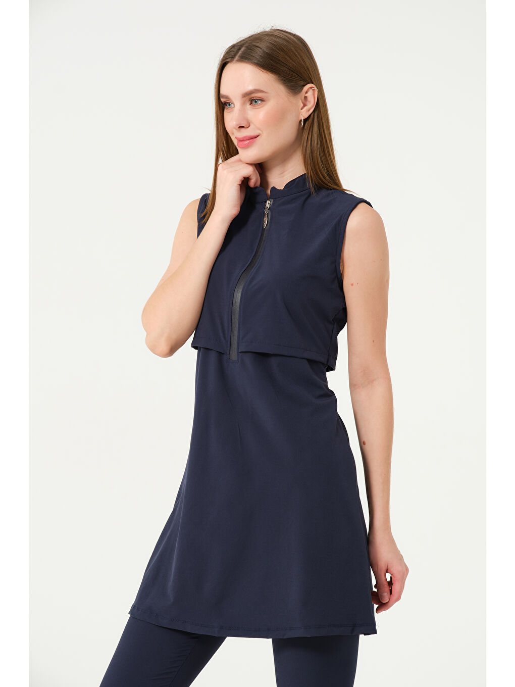 Lacivert Kadın Fermuarlı Kapalı Dik Yaka Sıfır Kol Kaprili Hızlı Kuruyan Mayo-7