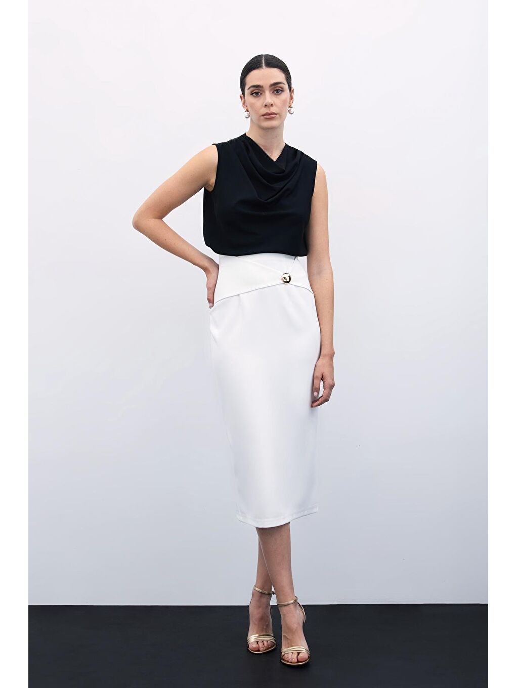 Toka Detaylı Kalem Etek - Ekru