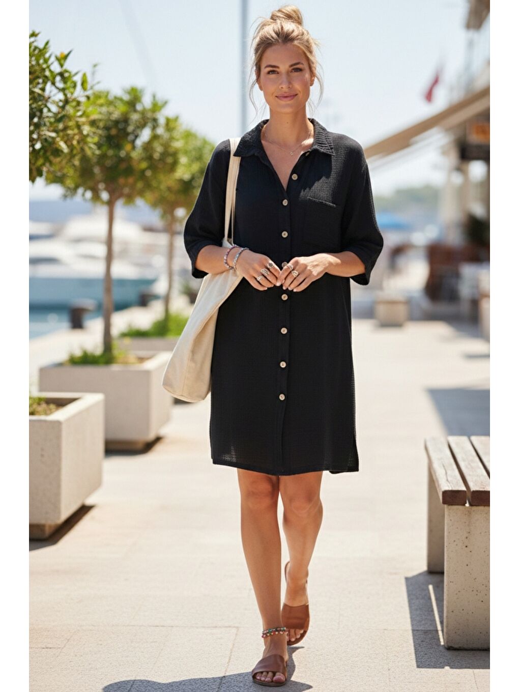 Siyah Gömlek Yaka Kısa Kol Düğmeli Çift Cepli Casual Müslin Salaş Dokuma Elbise 95 65-2