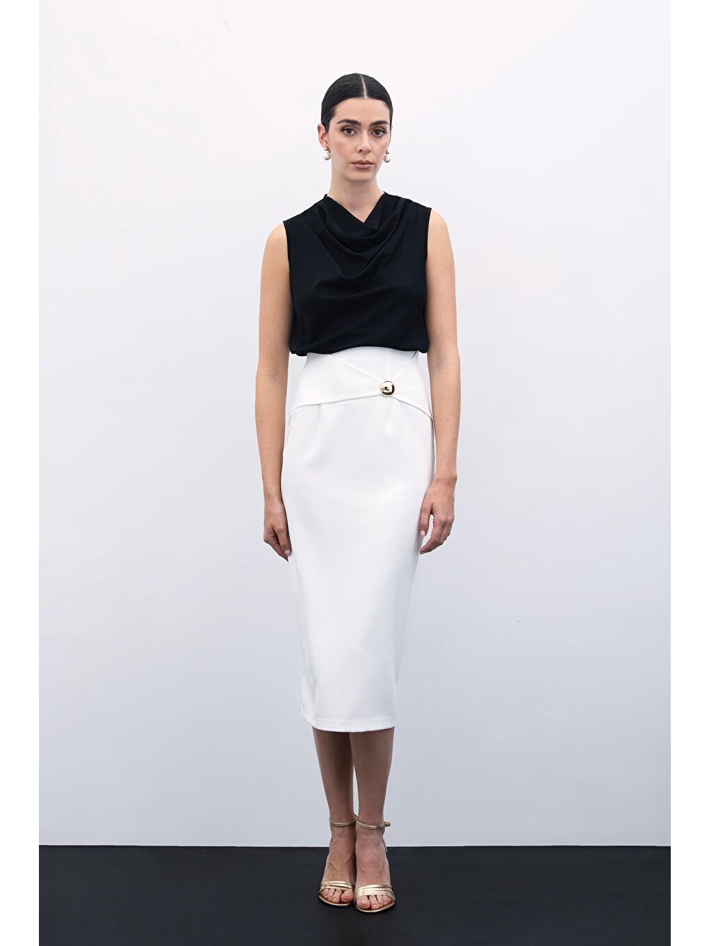 Toka Detaylı Kalem Etek - Ekru-1