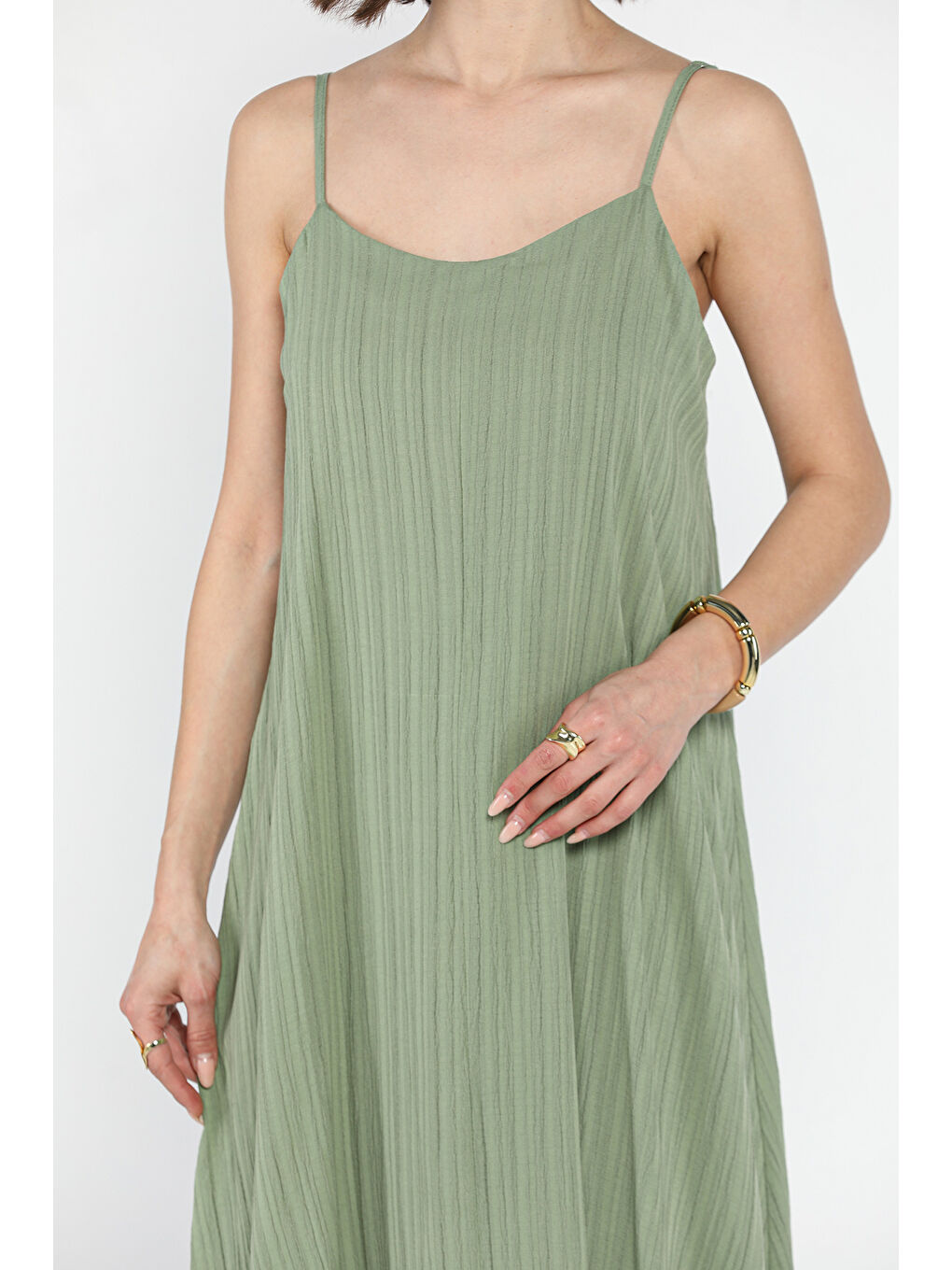 Haki Kadın Ayarlanabilir Askılı Bol Kesim Elbise-3