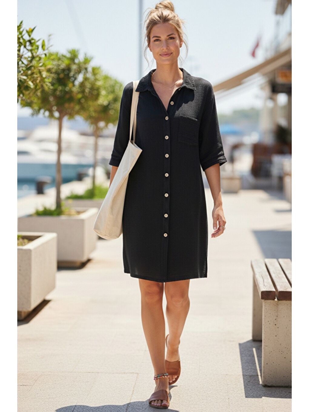 Siyah Gömlek Yaka Kısa Kol Düğmeli Çift Cepli Casual Müslin Salaş Dokuma Elbise 95 65-3