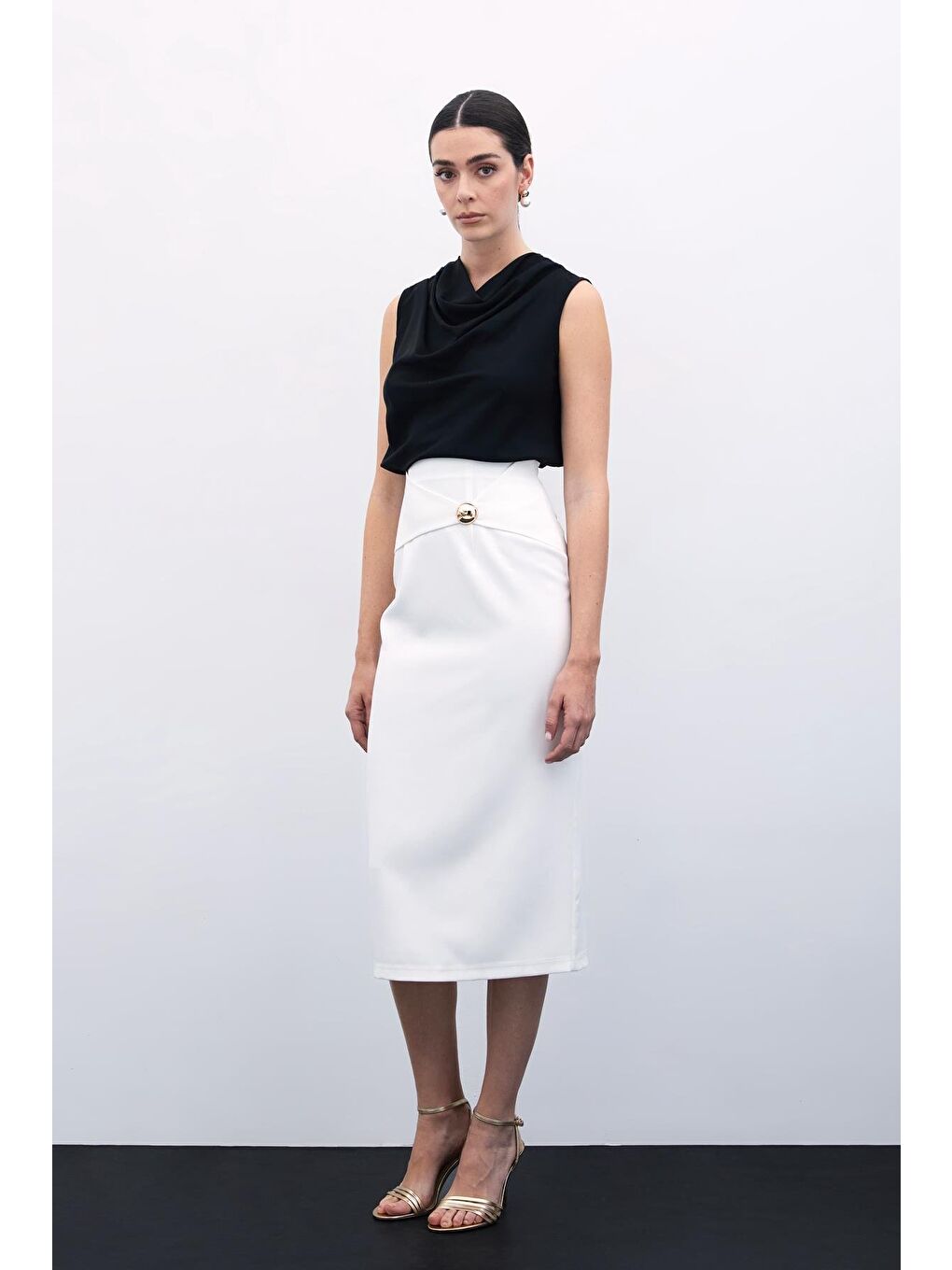 Toka Detaylı Kalem Etek - Ekru-2