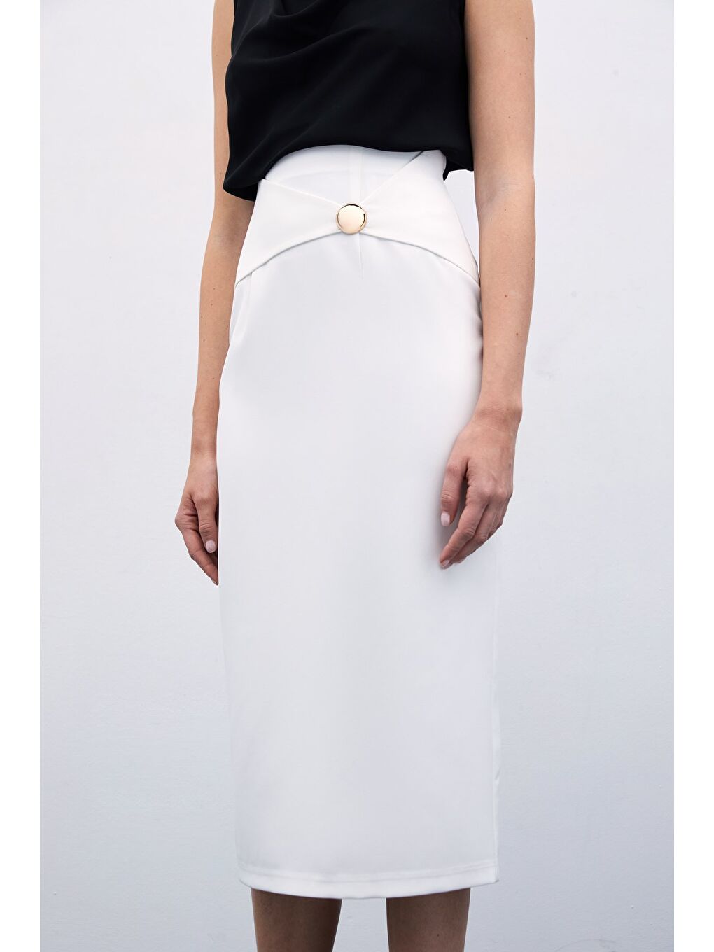 Toka Detaylı Kalem Etek - Ekru-3