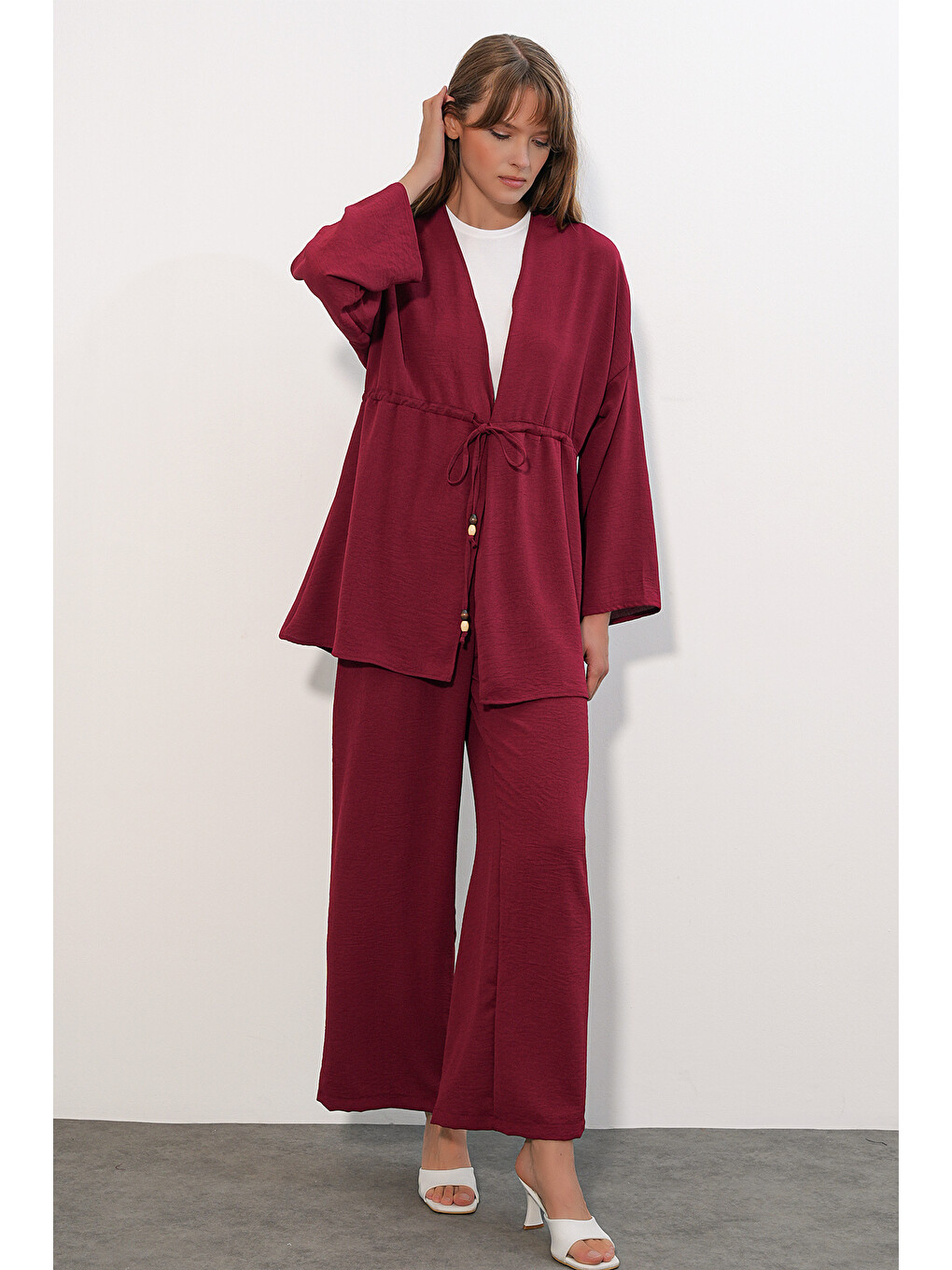 Kadın Ayrobin Kimono Pantolon İkili Takım 30101 - Bordo-2