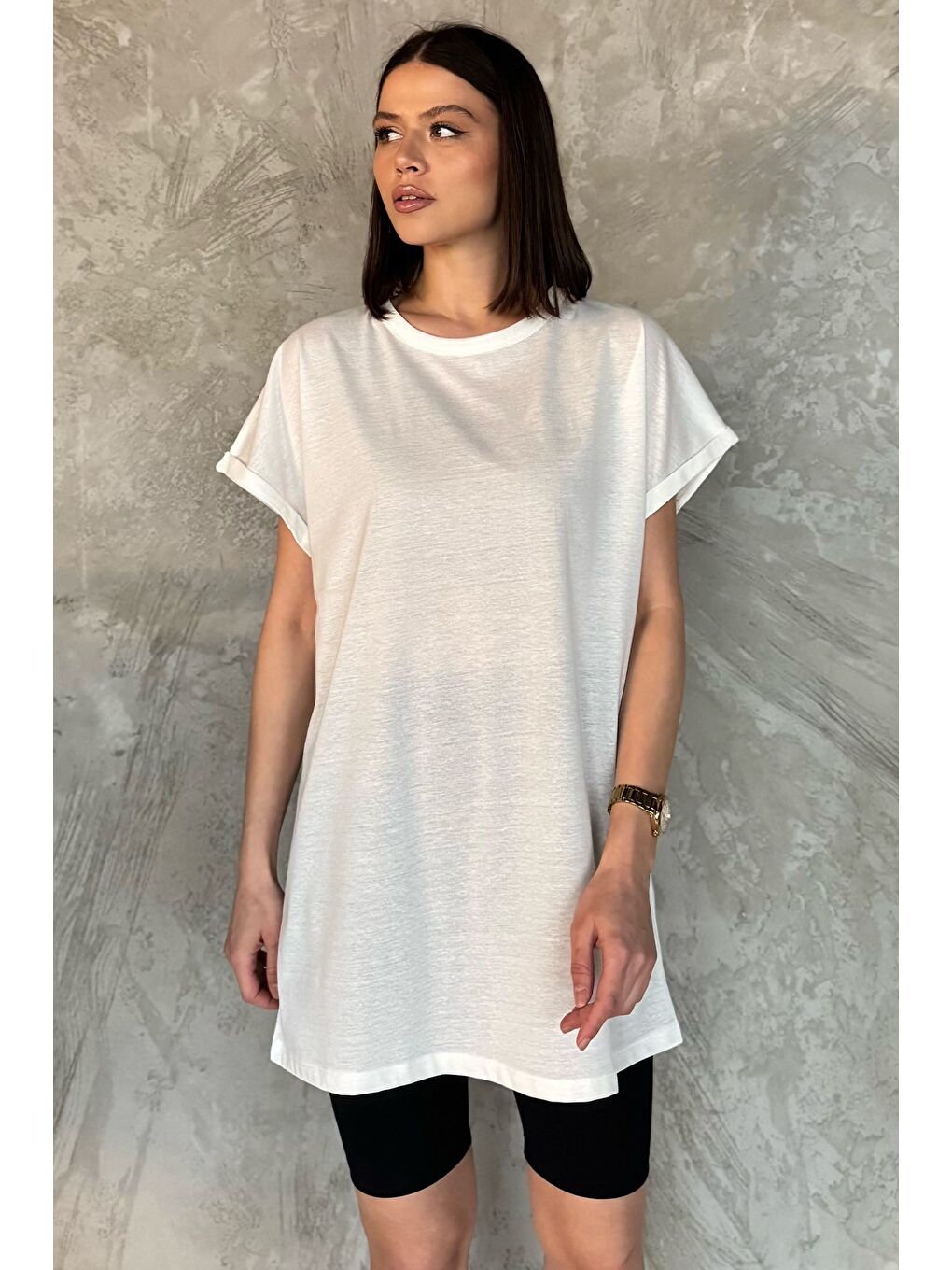 Beyaz Kol Katlamalı Bisiklet Yaka Kadın Uzun Tişört (m-l-xl Uyumludur)