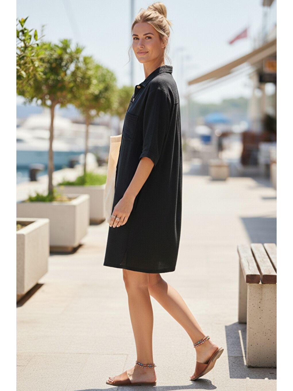 Siyah Gömlek Yaka Kısa Kol Düğmeli Çift Cepli Casual Müslin Salaş Dokuma Elbise 95 65-4