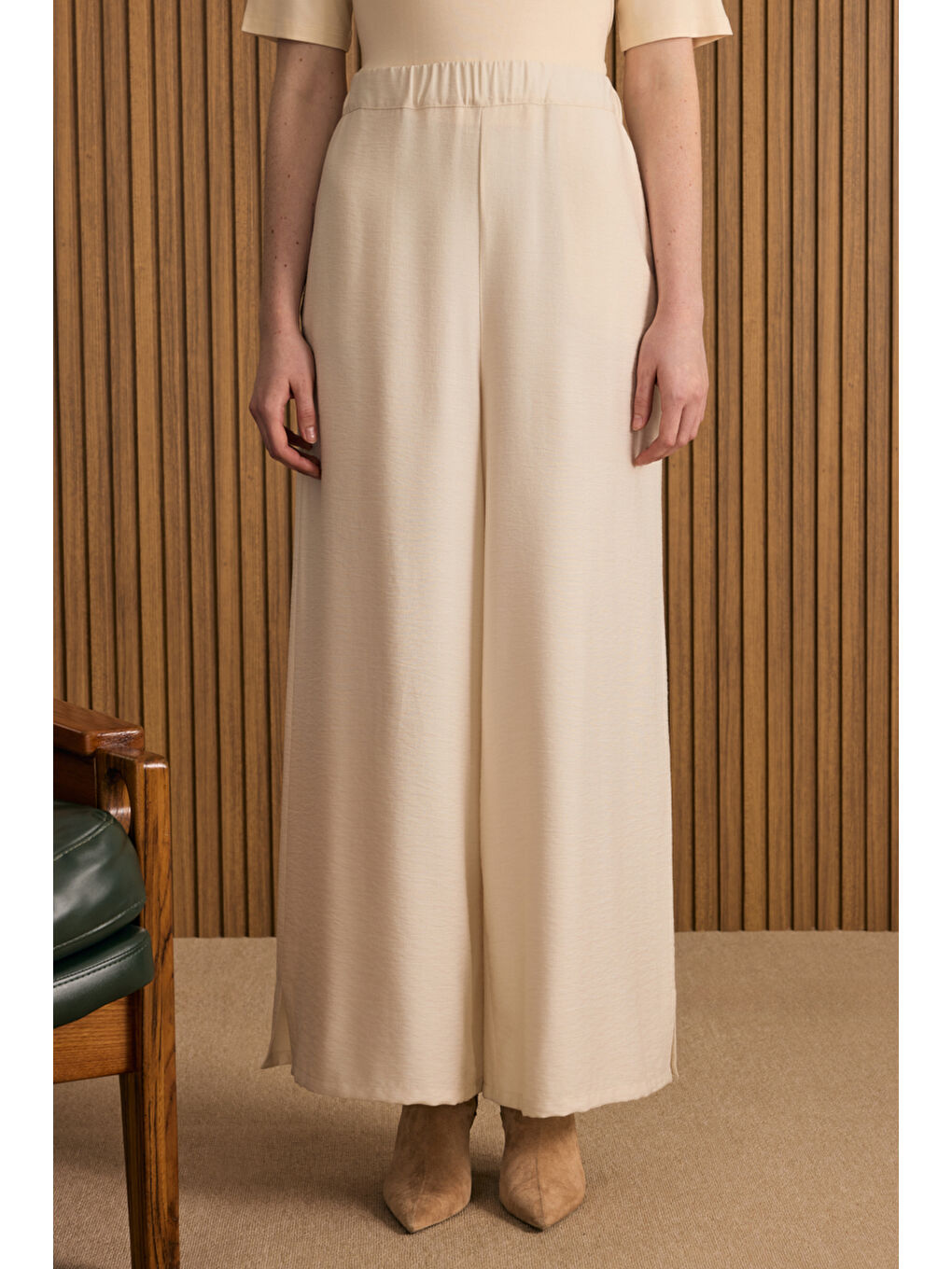 Bej Taş Beli Lastikli Viscon Pantolon Etek-1